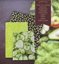 Load image into Gallery viewer, reusable beeswax food wraps set of three, eco friendly food storage , green medley of  green, cucumber, avocado beeswax cloth