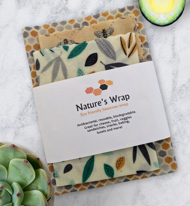reusable beeswax food wraps set of three, eco friendly food storage , honey bees, golden honeycomb, seed medley cyan accent beeswax cloth