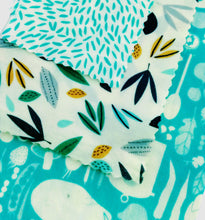Load image into Gallery viewer, reusable beeswax food wraps set of three, retro cyan with gold and green accents, best beeswax food wrap sm/md/lg*