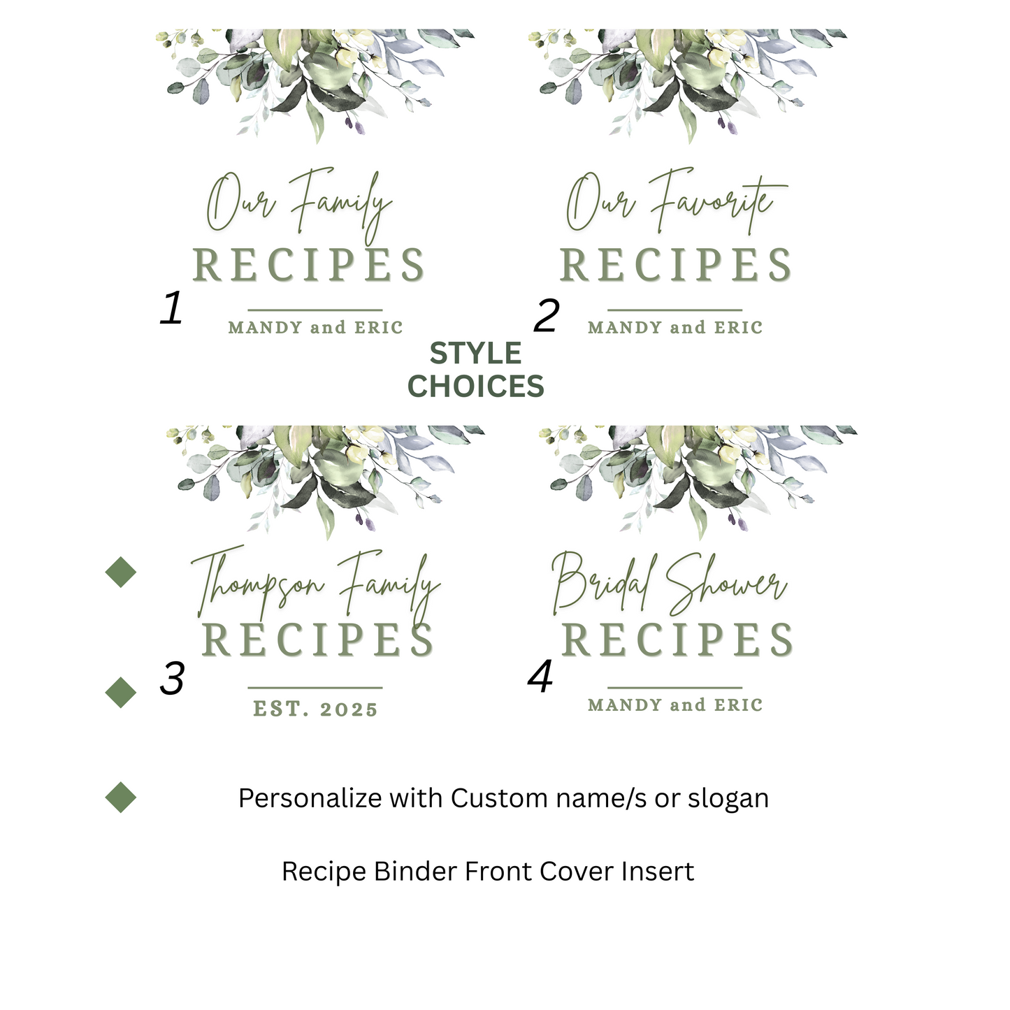 Personalized Recipe Binder Kit, Elegant Greenery Design