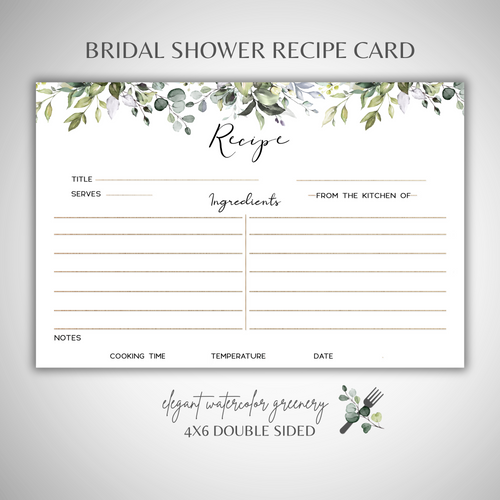 recipe card with watercolor eucalyptus greenery white matte card 4 x 6 inches, printed on both sides, set of 30 cards