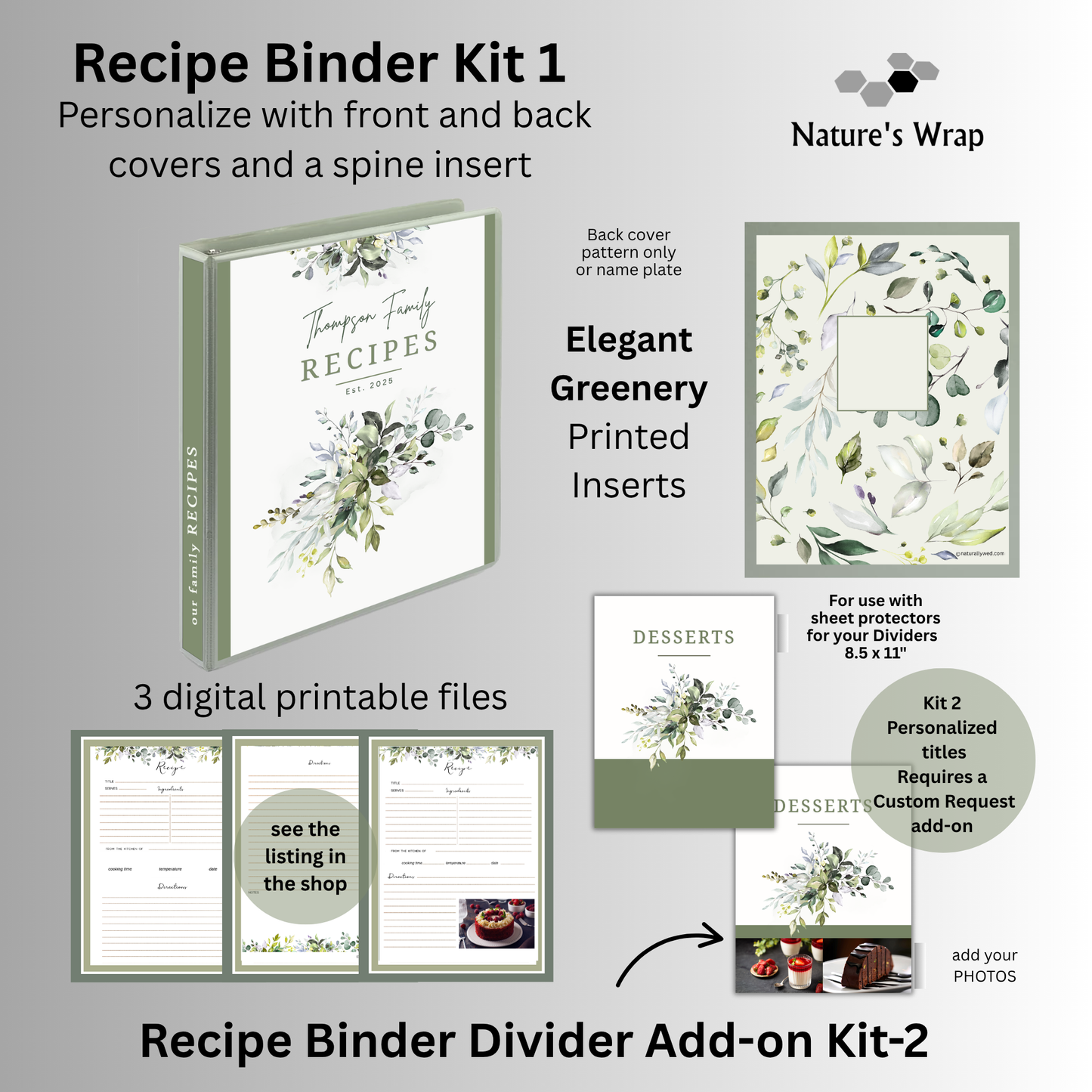Personalized Recipe Binder Kit, Elegant Greenery Design