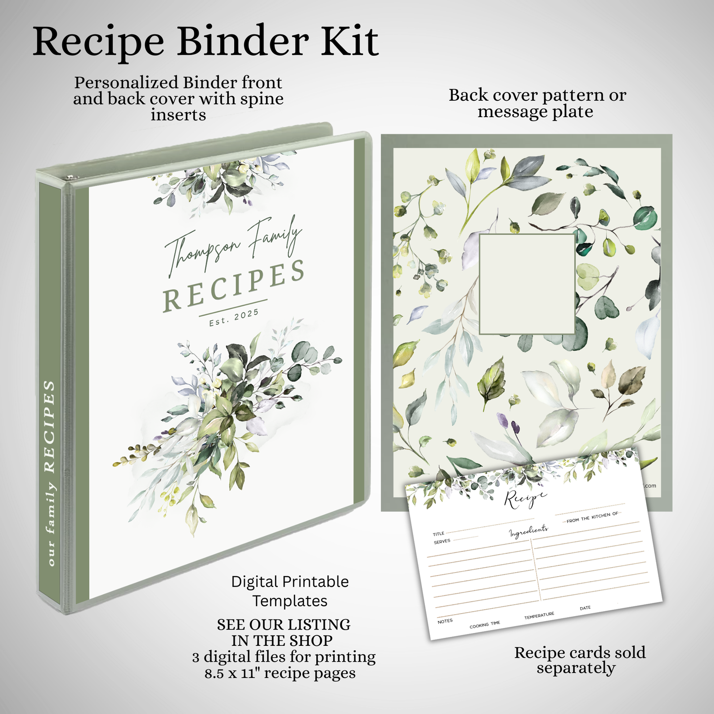 Personalized Recipe Binder Kit, Elegant Greenery Design