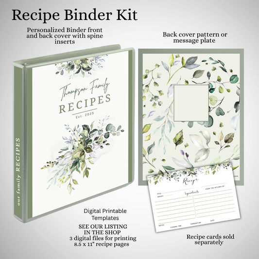 Personalized Recipe Binder Kit, Elegant Greenery Design