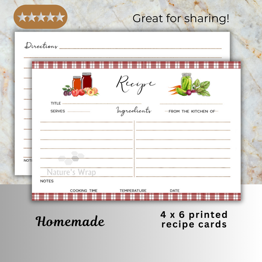 Recipe card with a red checkered border design with homemade canned foods and vegetables on a marble surface
