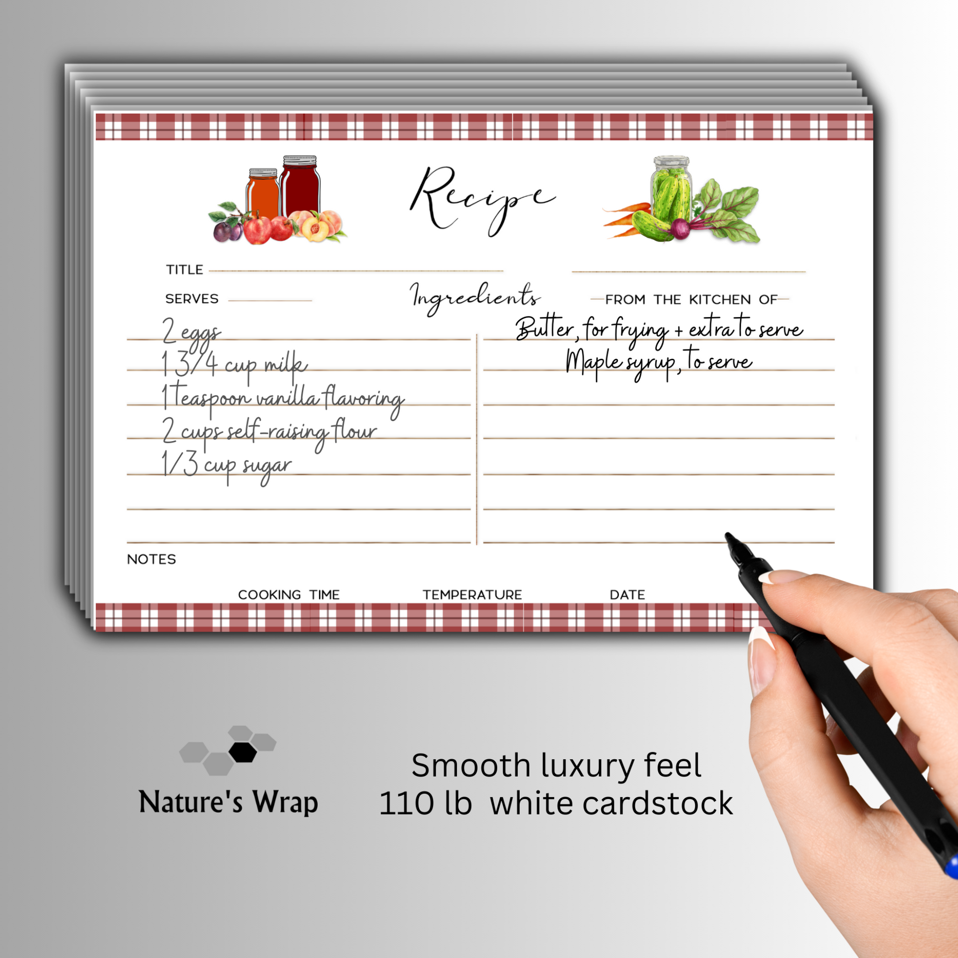 vegetable recipe card design with gingham border