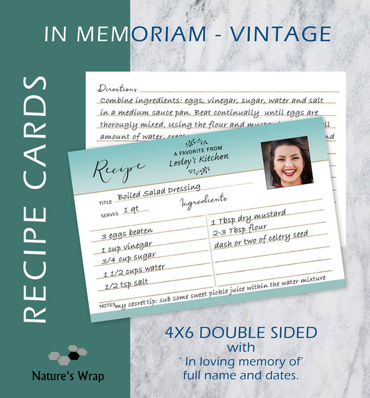 In Loving Memory Custom Illustrated Recipe Card, three designs for memorial card to choose from. Memorial favor keepsake available as Boho, Eucalyptus border or as Floral border. Each design is personalized with a photo or pencil sketch.