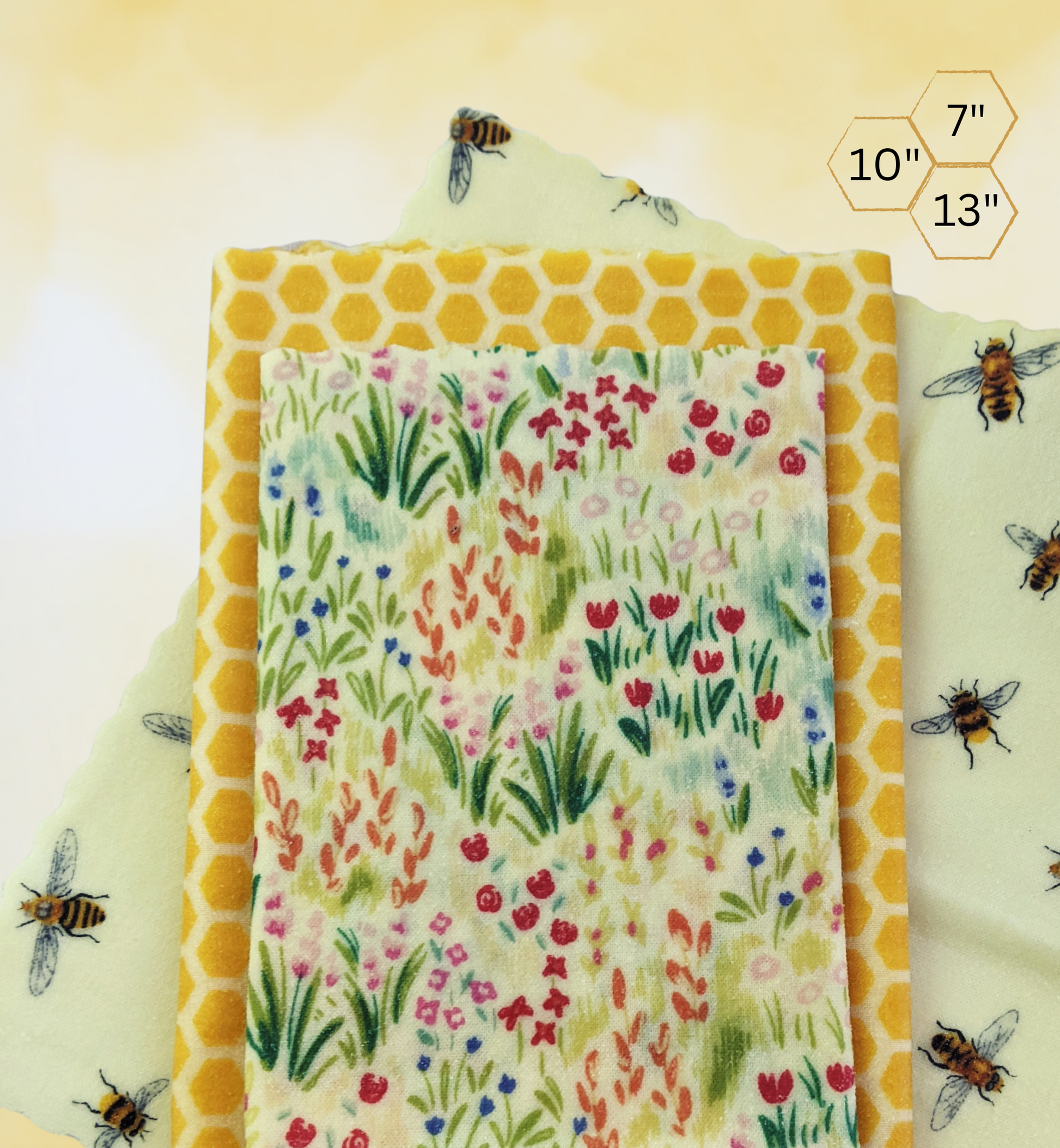 Set of three beeswax wraps that are 7 inch, 10 inch and 13 inches in size. Wraps are made of all natural ingredients including Alberta filtered beeswax.