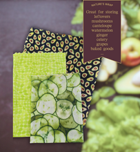 Load image into Gallery viewer, reusable beeswax food wraps set of three, eco friendly food storage , green medley of  green, cucumber, avocado beeswax cloth
