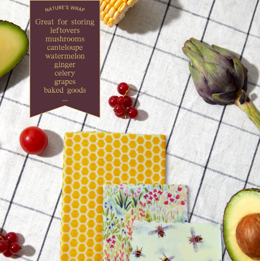 three beeswax wraps displayed with assorted foods  that keep fresher longer  with all natural ingredients 