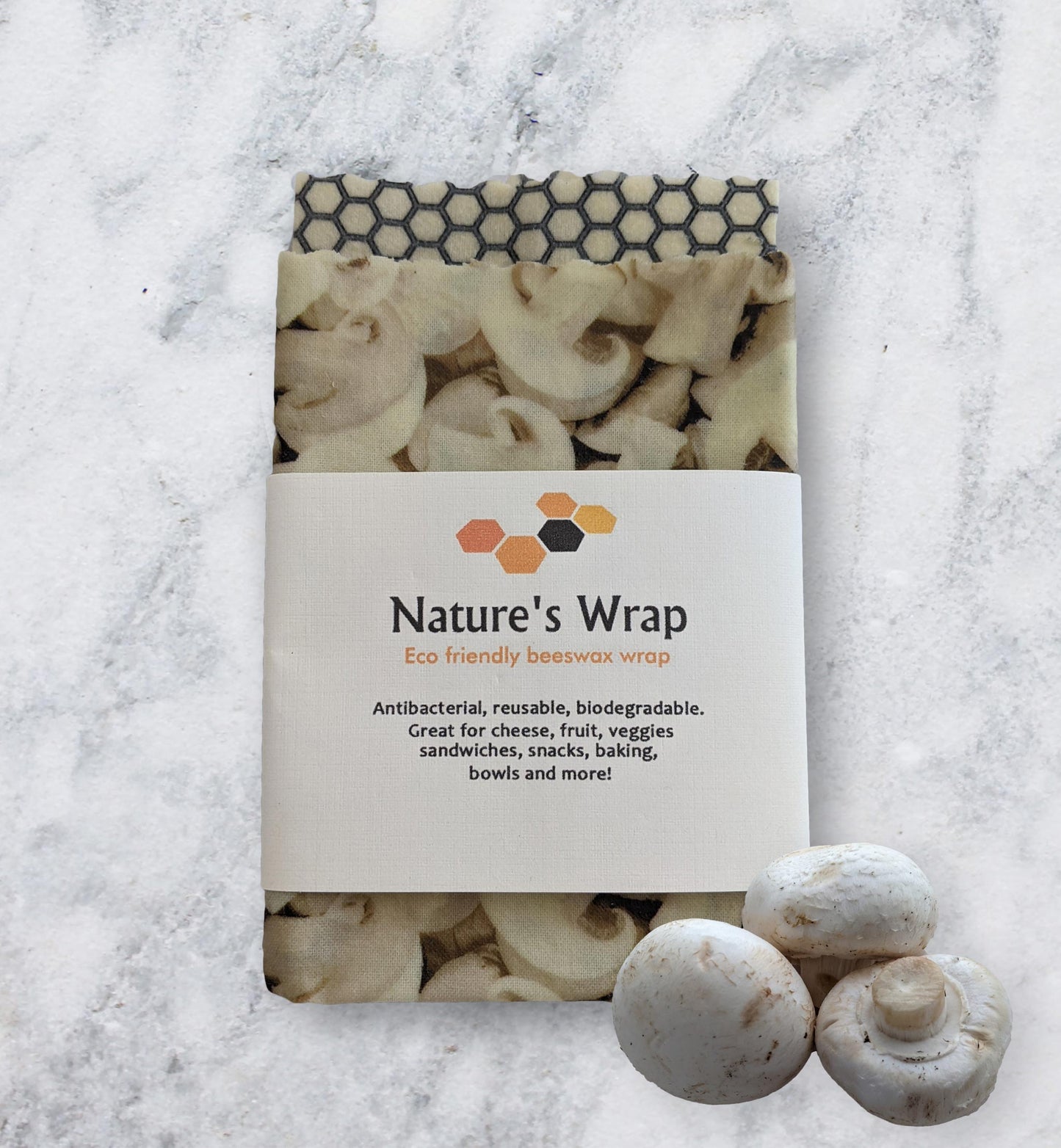 reusable beeswax food wraps set of two, eco friendly food storage ,soft white mushroom patterns beeswax cloth