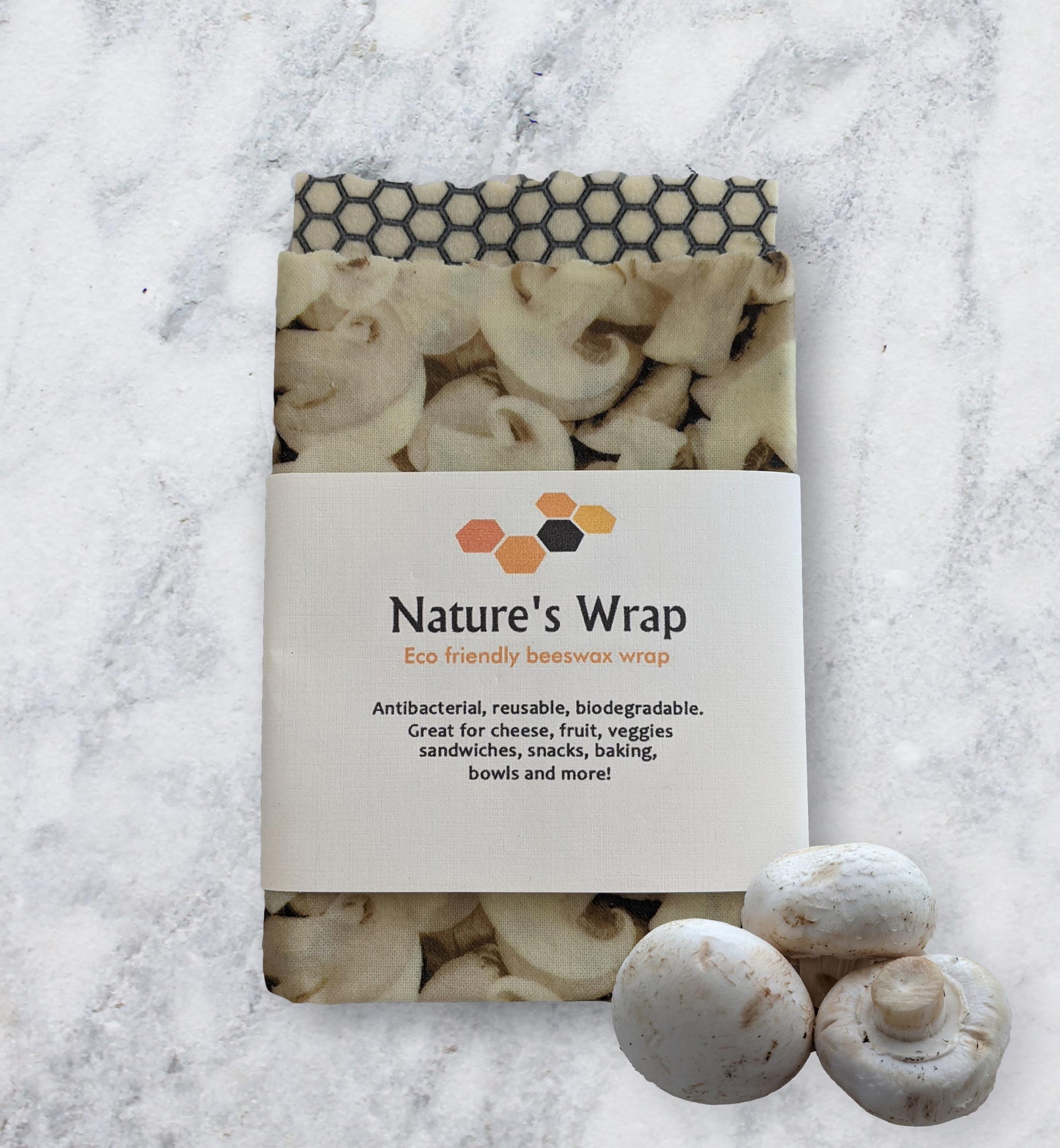 reusable beeswax food wraps set of two, eco friendly food storage ,soft white mushroom patterns beeswax cloth