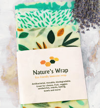 Load image into Gallery viewer, reusable beeswax food wraps set of three, retro cyan with gold and green accents, best beeswax food wrap sm/md/lg
